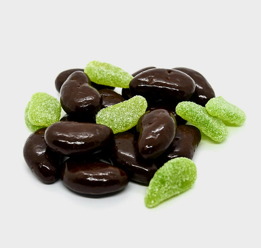 Dark chocolate coated spearmint leaves